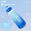 A blue cycling water bottle with a lid and nozzle, showing four design points for easy cleaning and gripping.