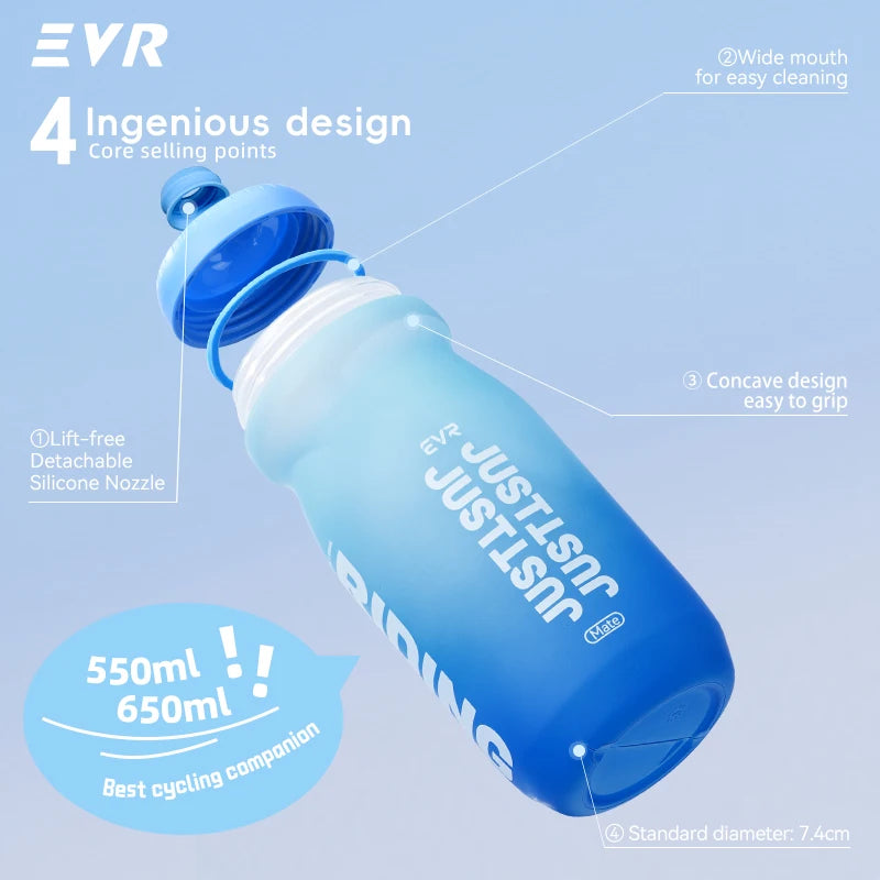 A blue cycling water bottle with a lid and nozzle, showing four design points for easy cleaning and gripping.