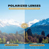 Comparación de lentes polarizados frente a visión sin lentes en un paisaje montañoso.