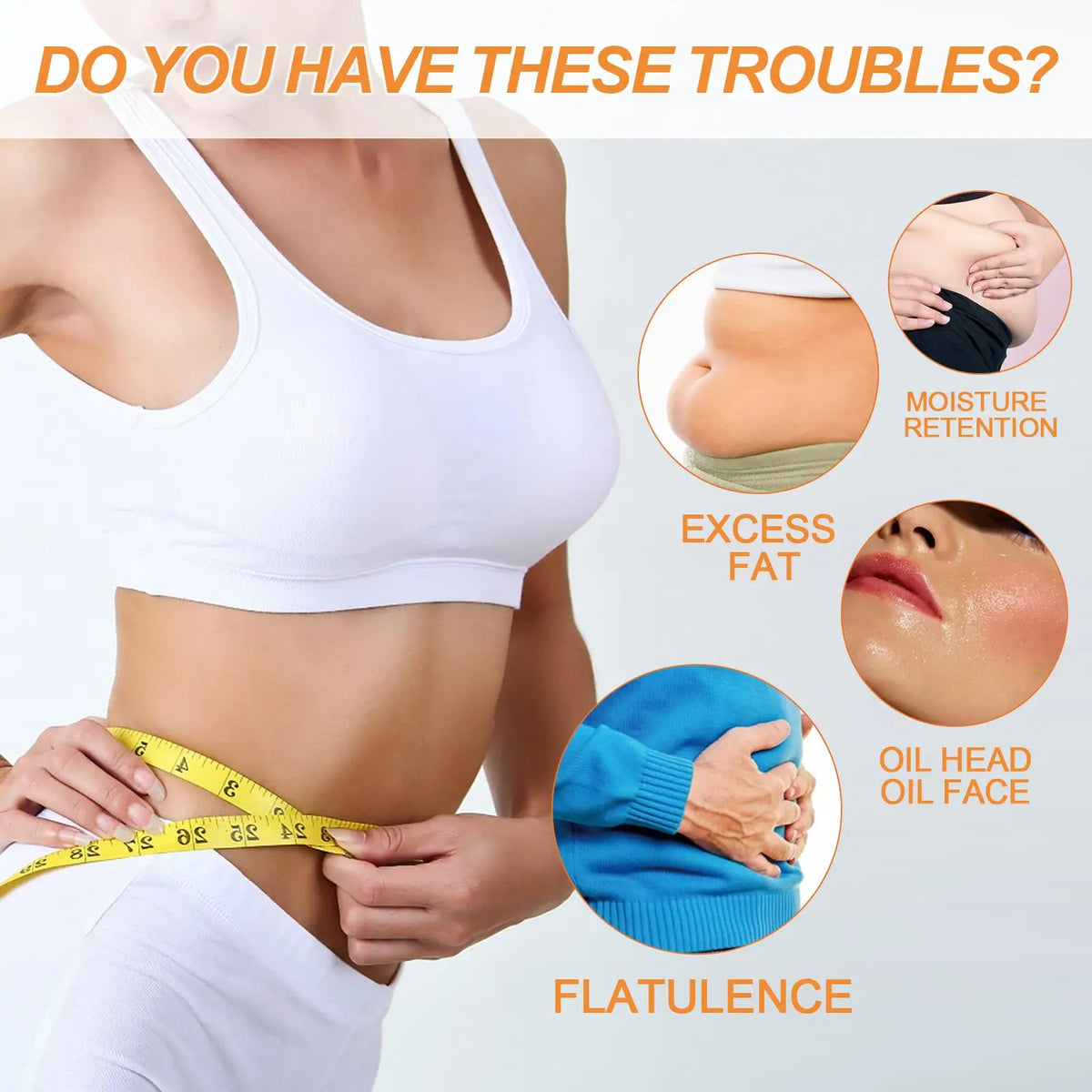 A woman demonstrates the use of a Breathable Abdominal Comfort Patch for issues like moisture retention, excess fat, and flat