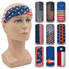 A display of various USA flag tube bandana and head wrap designs on a mannequin head.