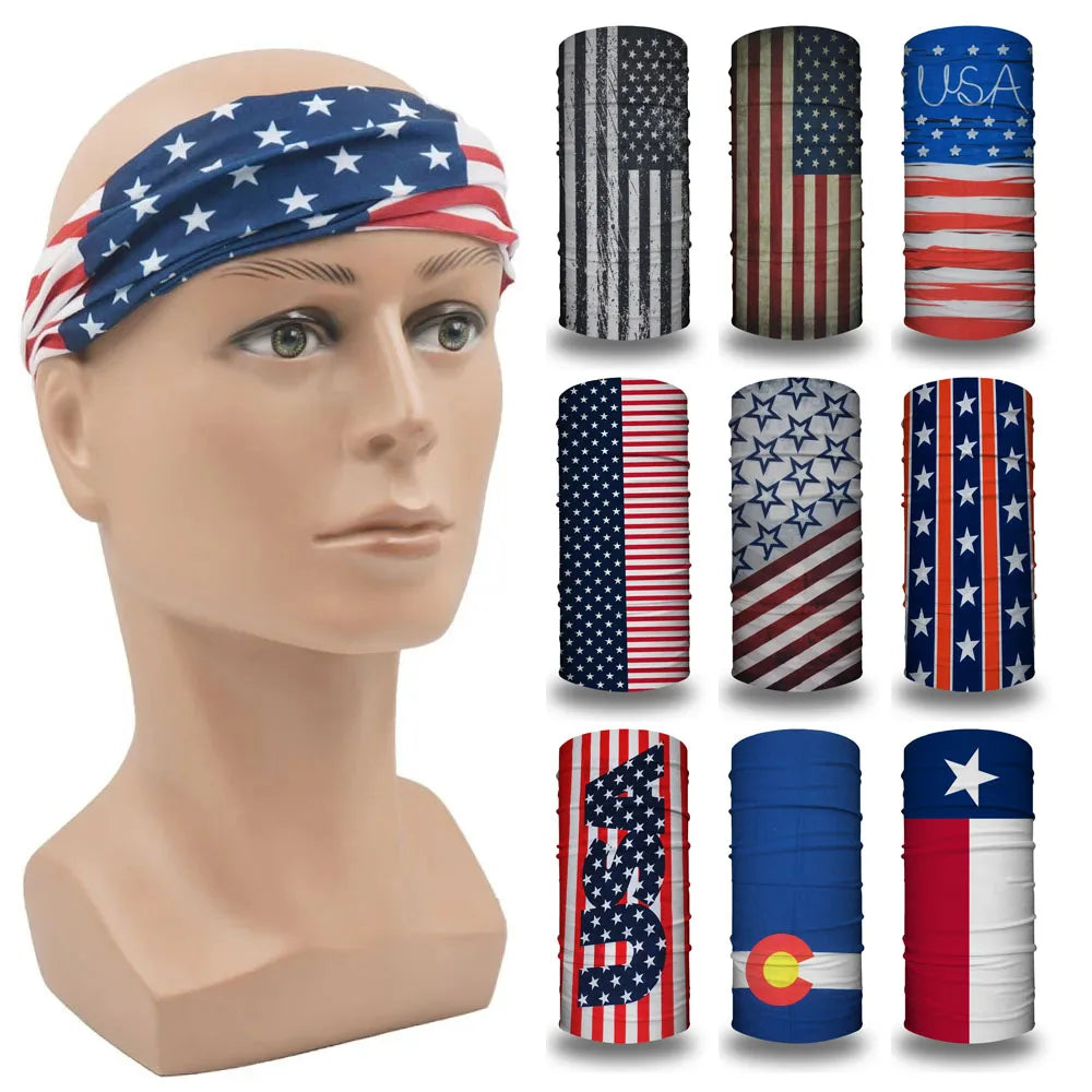 A display of various USA flag tube bandana and head wrap designs on a mannequin head.
