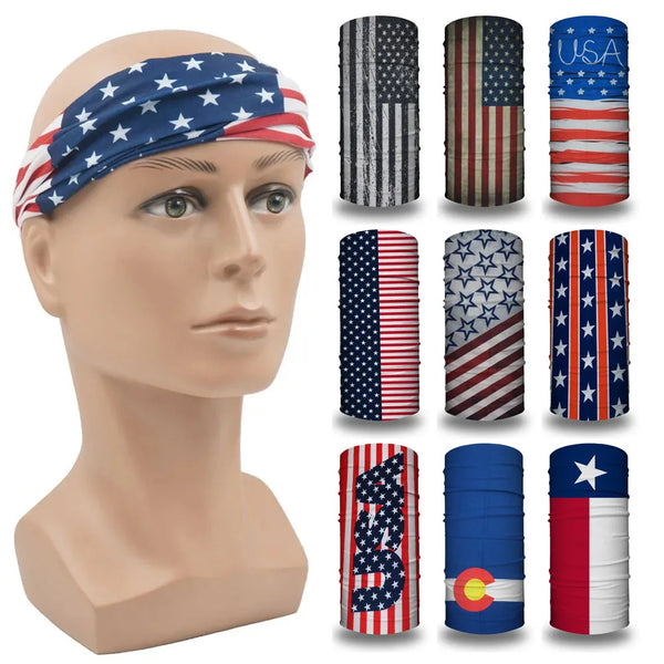 Présentation de divers designs de bandana et foulards à enrouler aux motifs du drapeau américain sur un mannequin de tête.