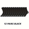 Twelve pairs of black men's outdoor gym football socks laid out in a row.
