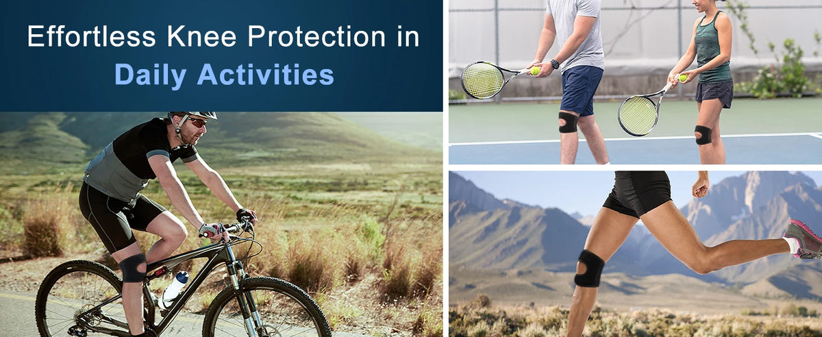 Image showing people engaging in daily activities like cycling and tennis, demonstrating effortless knee protection.