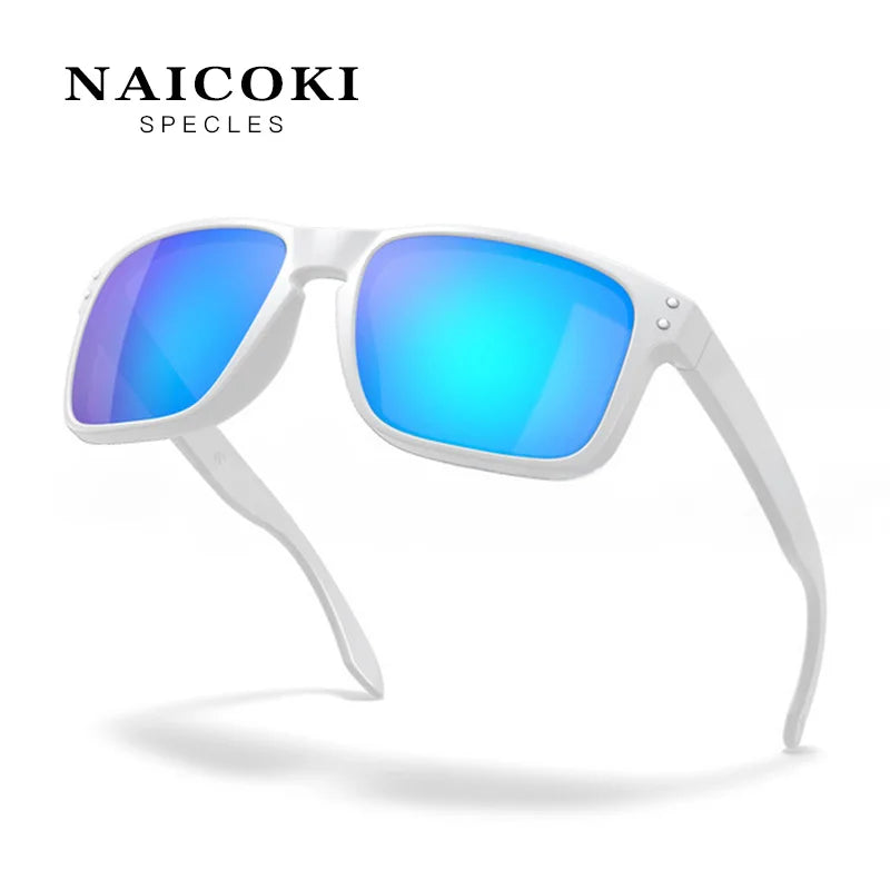 A pair of white-framed polarized sunglasses with bright blue lenses shown against a white background.