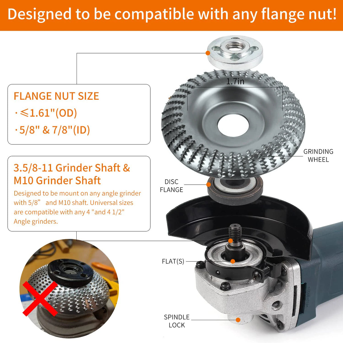 A precision wood carving disc set designed to be compatible with any flange nut for angle grinders.
