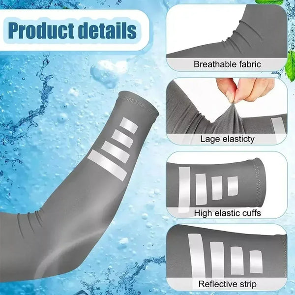 Gray compression arm sleeves with breathable fabric, lace elasticity, high elastic cuffs, and a reflective strip.