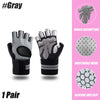 A pair of gray weightlifting and crossfit hand gloves shown against a pink background.