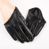 Black PU leather finger gloves shown on a hand, displayed against a white background.
