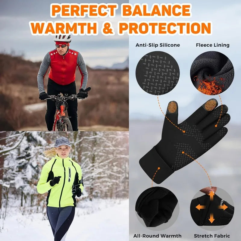 Black anti-slip silicone and fleece lined winter gloves for sports with stretch fabric