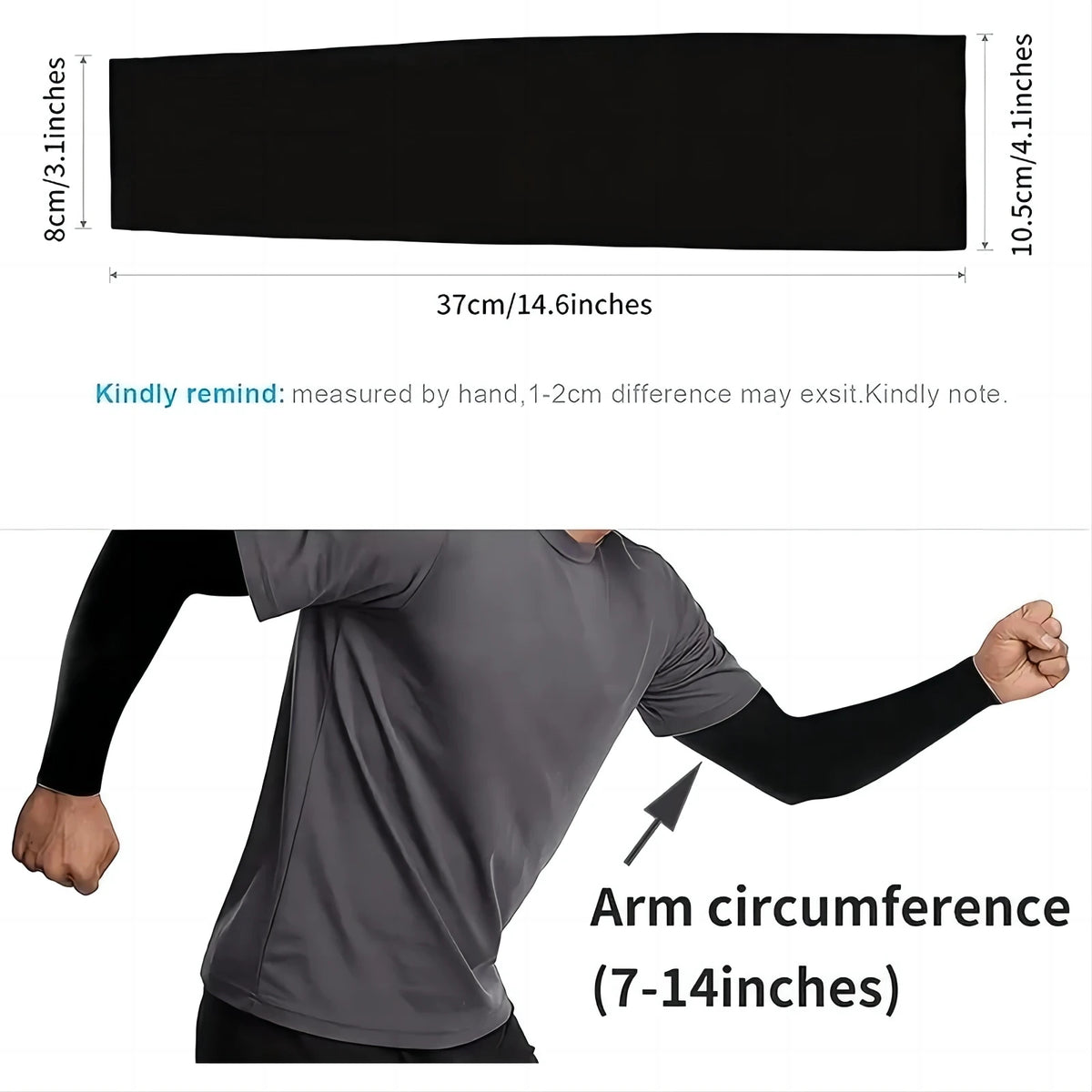 Person in gray shirt shows arm sleeve fit, circumference between 7 and 14 inches
