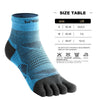 A pair of blue and black five-finger compression socks displayed next to a size table.