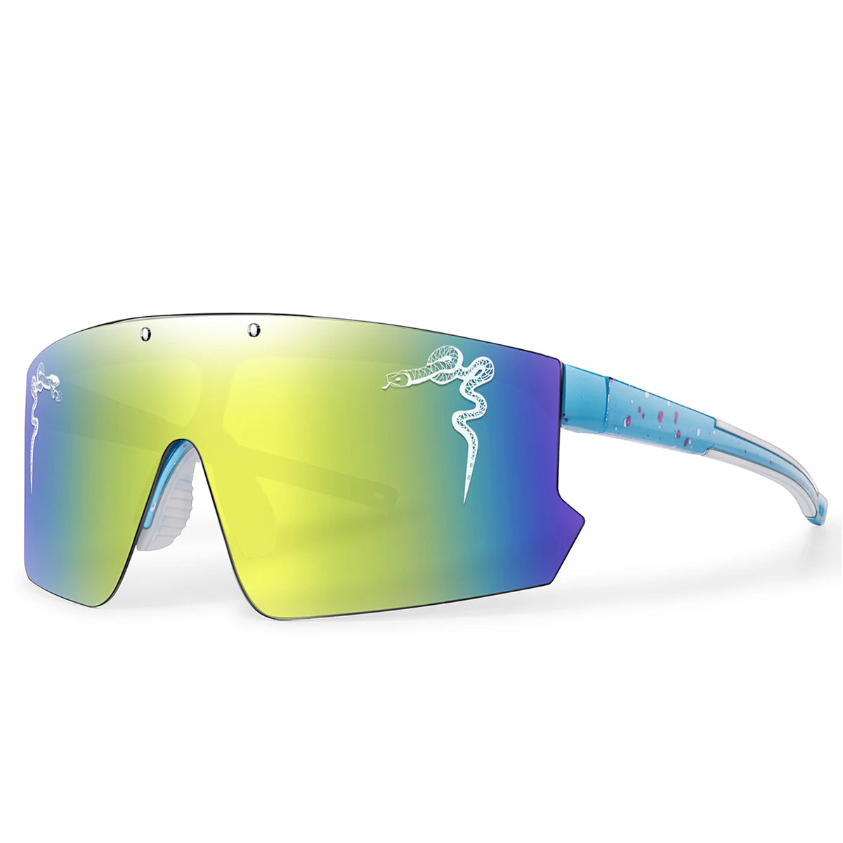 A pair of yellow-tinted polarized cycling sunglasses with a blue frame and a silver snake design.