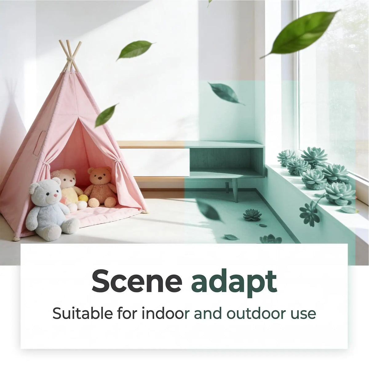 A pink tent with stuffed animals is shown in a bright room, demonstrating the scene adapt feature for indoor and outdoor use.
