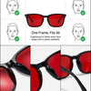 A set of red and black anti-blue light glasses demonstrating fit and craftsmanship features like feather-light frames and erg
