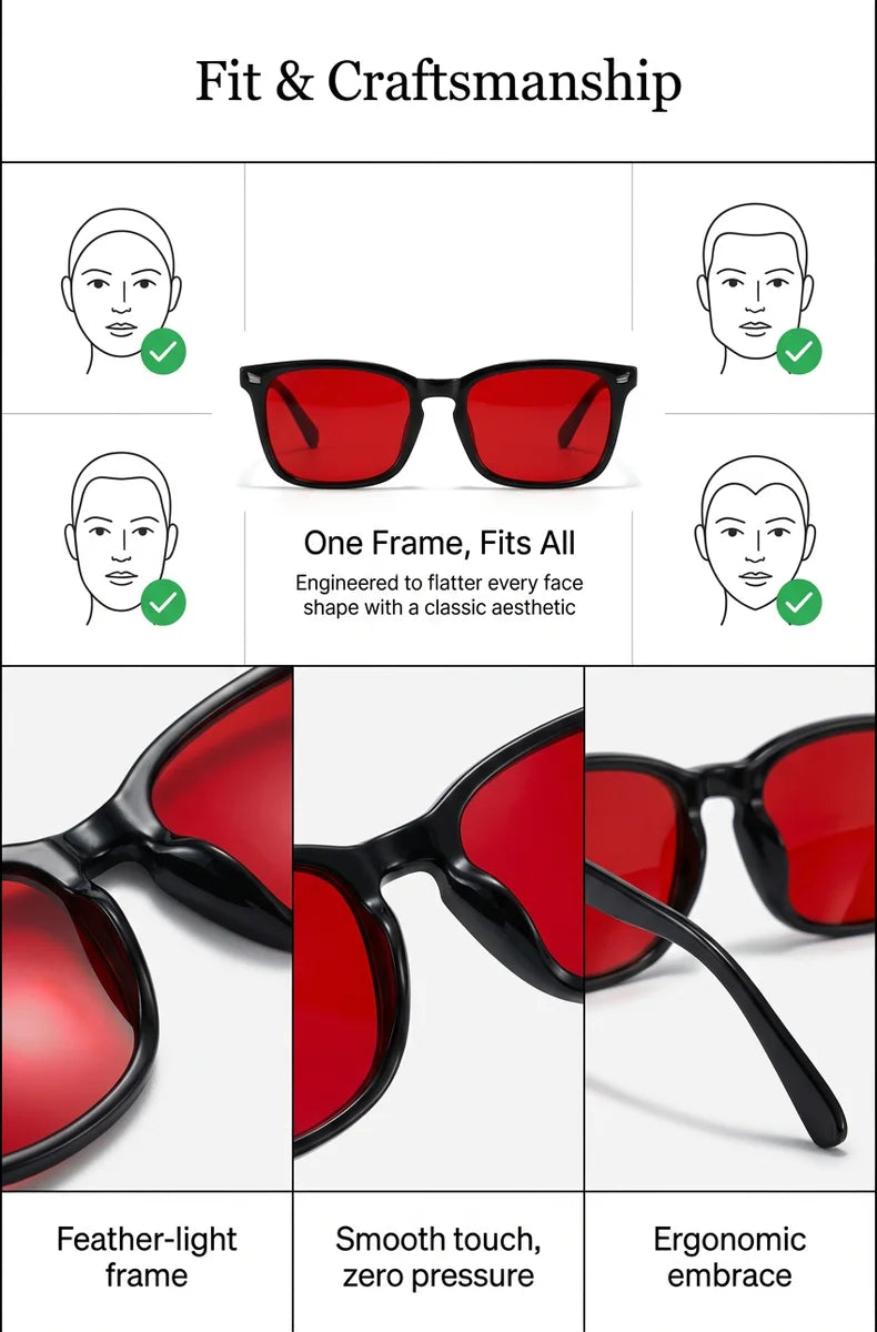 A set of red and black anti-blue light glasses demonstrating fit and craftsmanship features like feather-light frames and erg