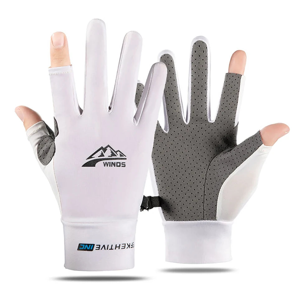 A pair of white and gray summer ice silk sun protection gloves shown against a white background.