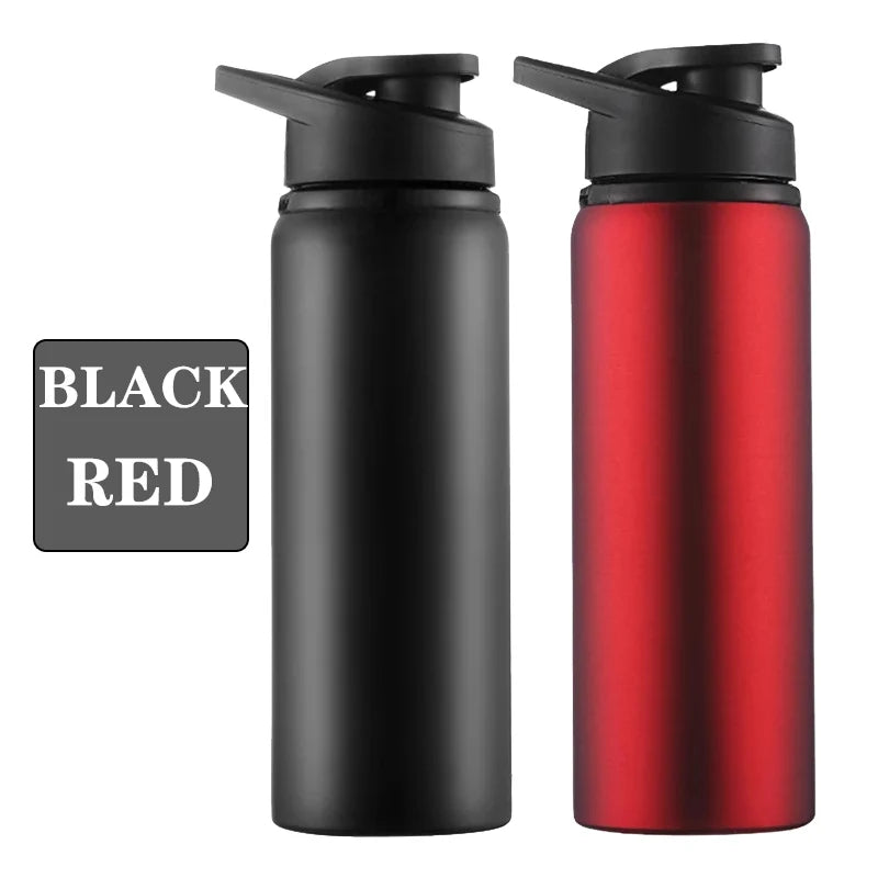 A black and red leakproof portable aluminum water bottle with a black cap and a red body.