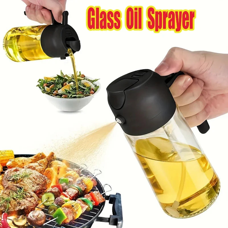 A hand is using a glass oil sprayer to mist food, such as grilled meats and vegetables, for cooking.