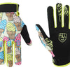 A pair of full finger motocross motorcycle gloves featuring a colorful ice cream cone pattern on the palm and fingers.