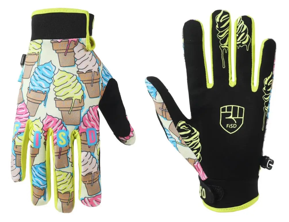 A pair of full finger motocross motorcycle gloves featuring a colorful ice cream cone pattern on the palm and fingers.