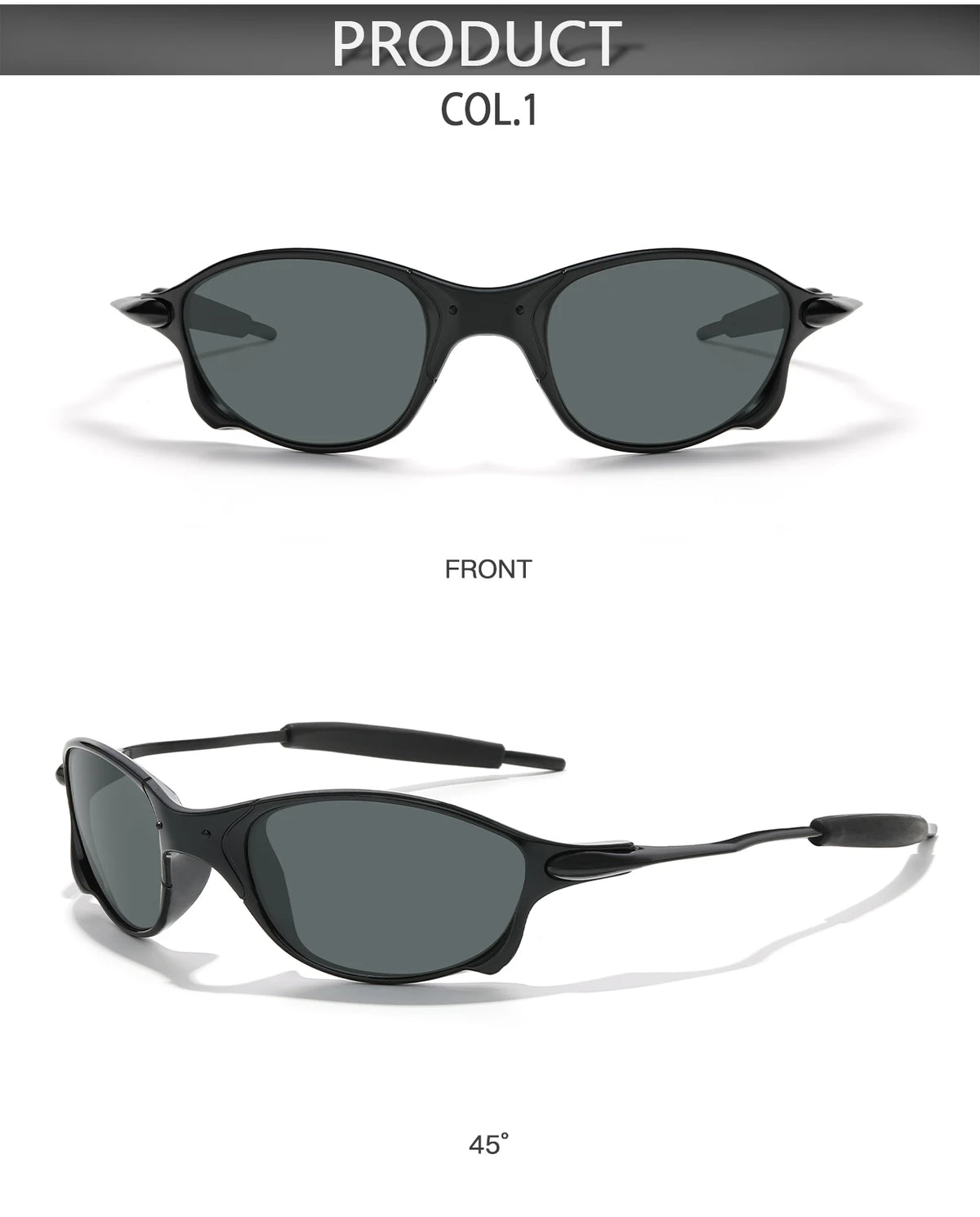 Front view of black polarized sunglasses with a metal frame, shown at a 45-degree angle.