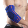 Blue elbow compression sleeve worn on an arm, showing the elastic fabric and orange accents.