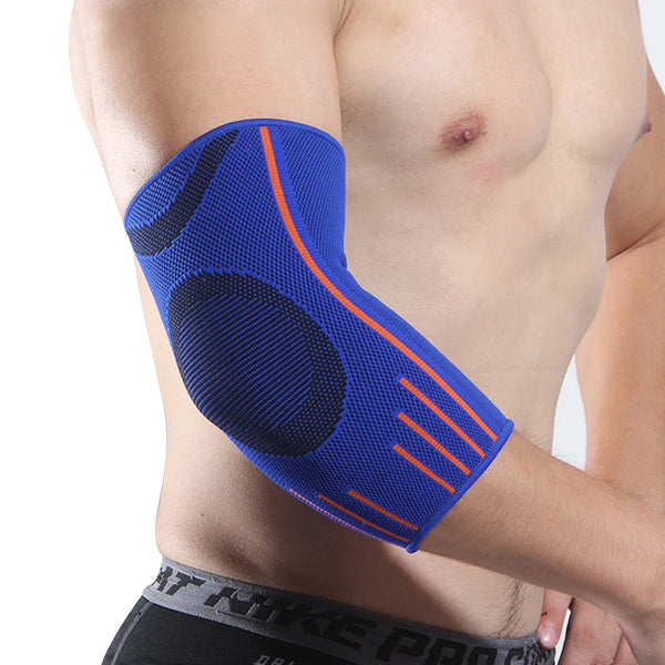 Blue elbow compression sleeve worn on an arm, showing the elastic fabric and orange accents.