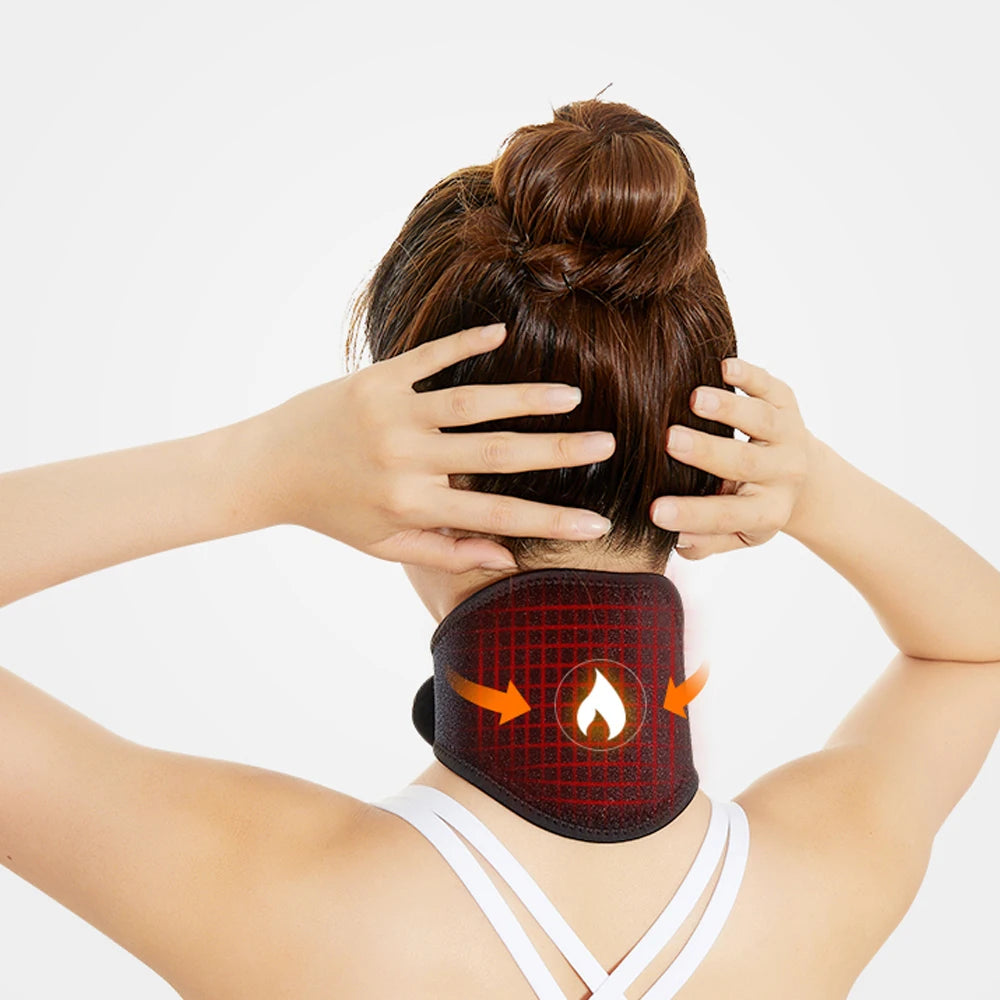 A person is applying a self-heating neck support brace to the back of their neck.