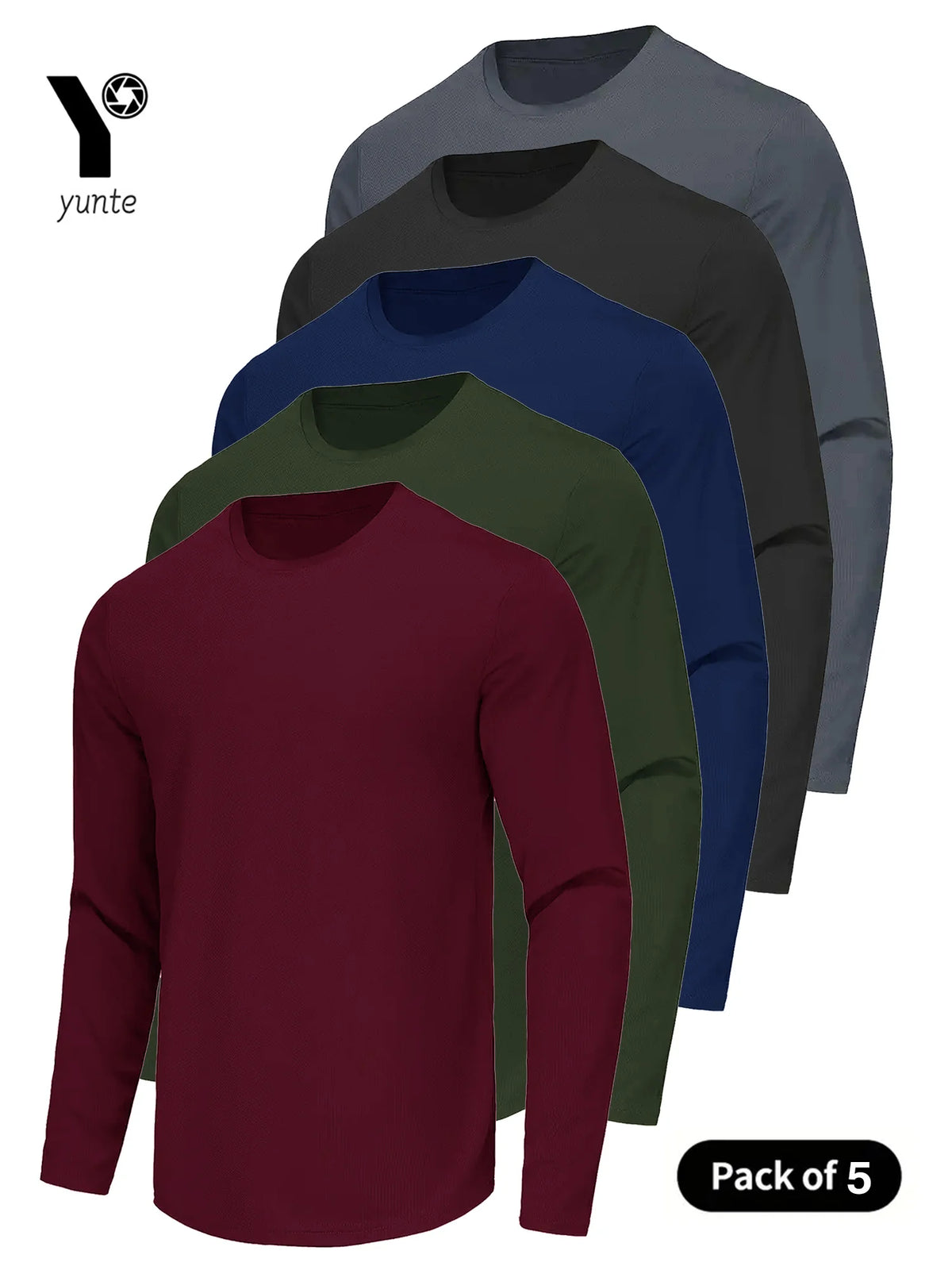 Pack of five performance quick-dry long-sleeve shirts in various colors including black, navy blue, olive green, and maroon