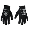 Black full finger motocross motorcycle gloves with a white logo print