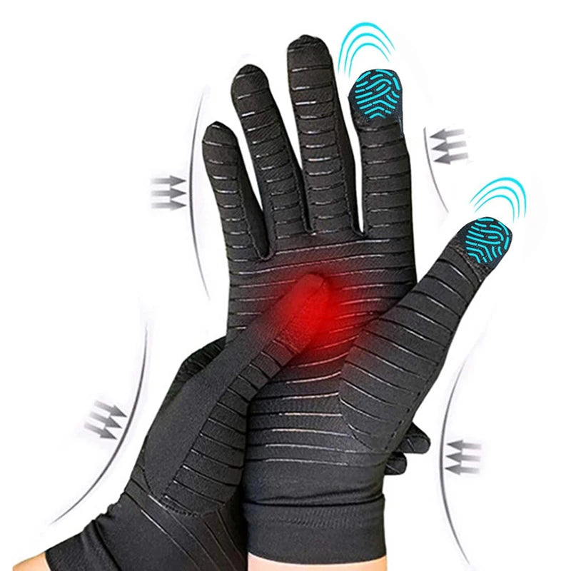 Black copper arthritis relief gloves worn on a hand, showing fingerprint scanning technology.
