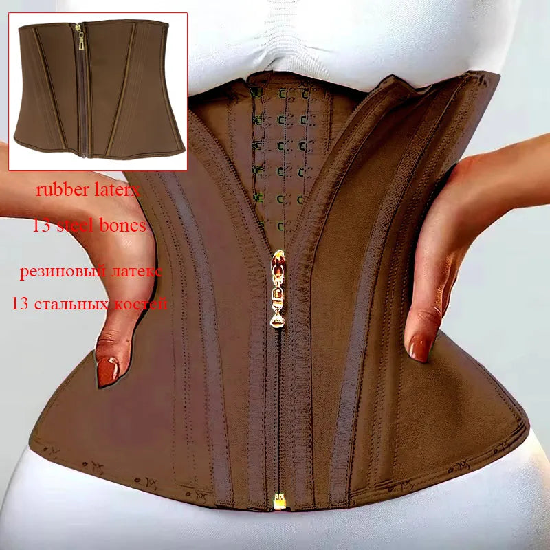 Brown double compression waist trainer corset body shaper with zipper and steel bones
