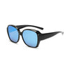 Black oversized polarized sunglasses with bright blue mirrored lenses