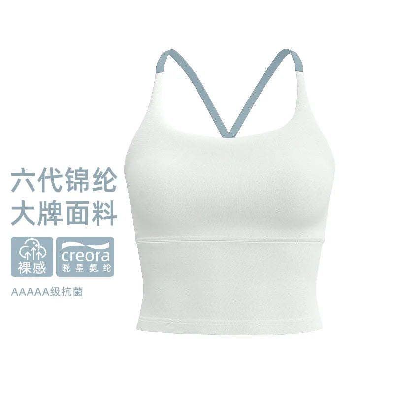White supportive sports bra for women with a V-neck design
