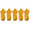 Five pairs of yellow ankle boat socks with purple accents displayed side by side.
