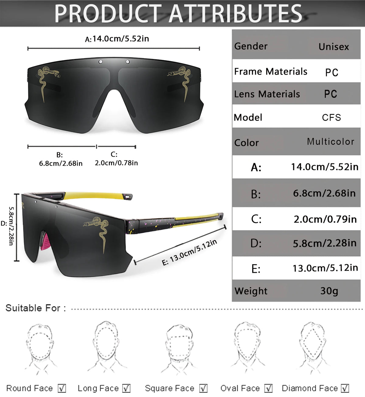 A set of black cycling sunglasses with various frame sizes and lens options for different face shapes