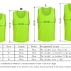 A set of bright lime green breathable mesh soccer training vests in sizes S, M, L, and XL displayed next to a size chart.