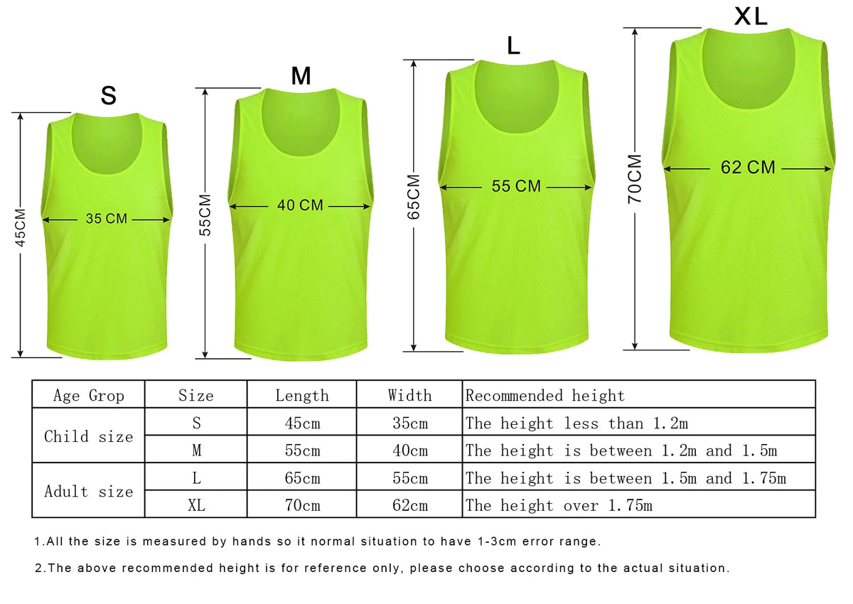 A set of bright lime green breathable mesh soccer training vests in sizes S, M, L, and XL displayed next to a size chart.