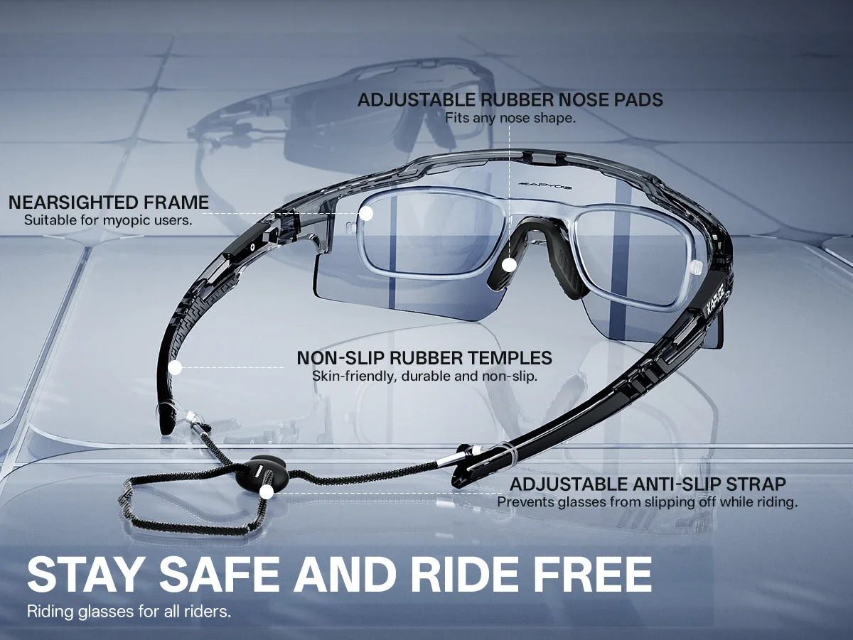 Adjustable rubber nose pads and non-slip rubber temples for photochromic cycling sunglasses