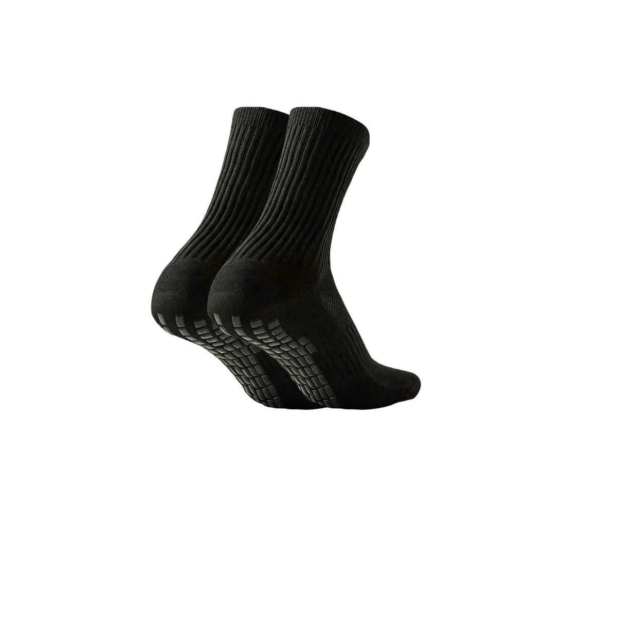 Une paire de chaussettes de football en silicone antidérapantes noires, vue de côté.