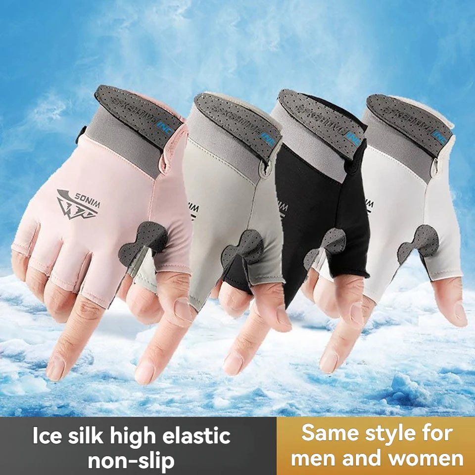 A pair of light pink and gray ice silk non-slip gloves shown on a hand against a snowy background.