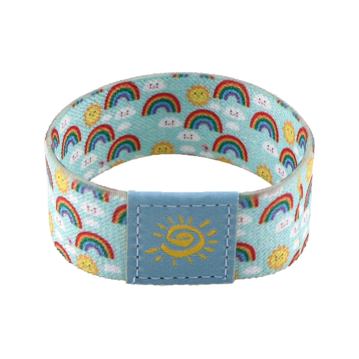 A colorful stretch wristband bracelet featuring rainbow and sun patterns on a light blue background.