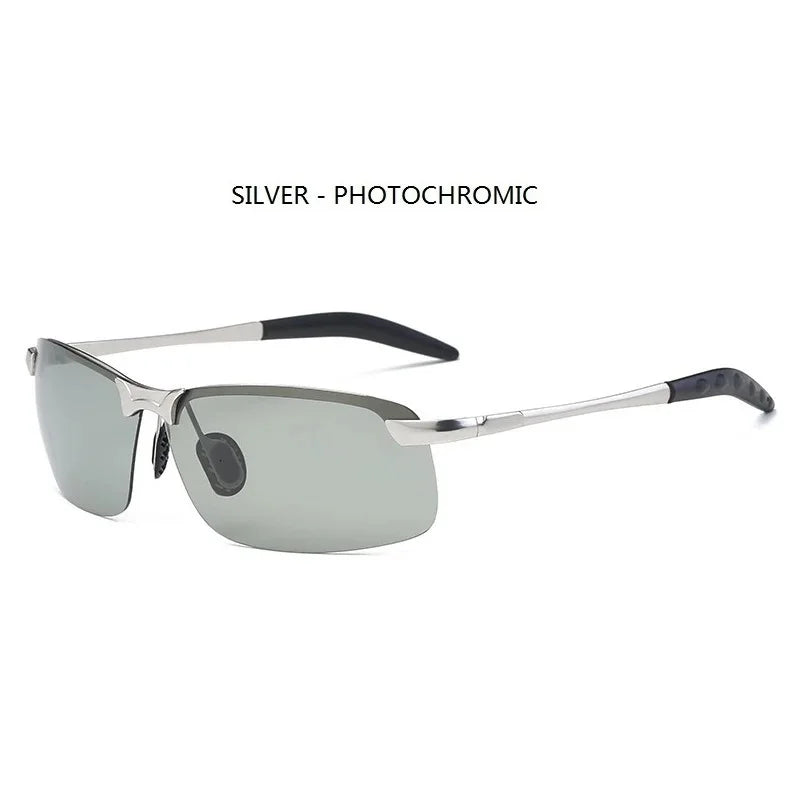 Gafas photochromicas plateadas con montura negra y lentes