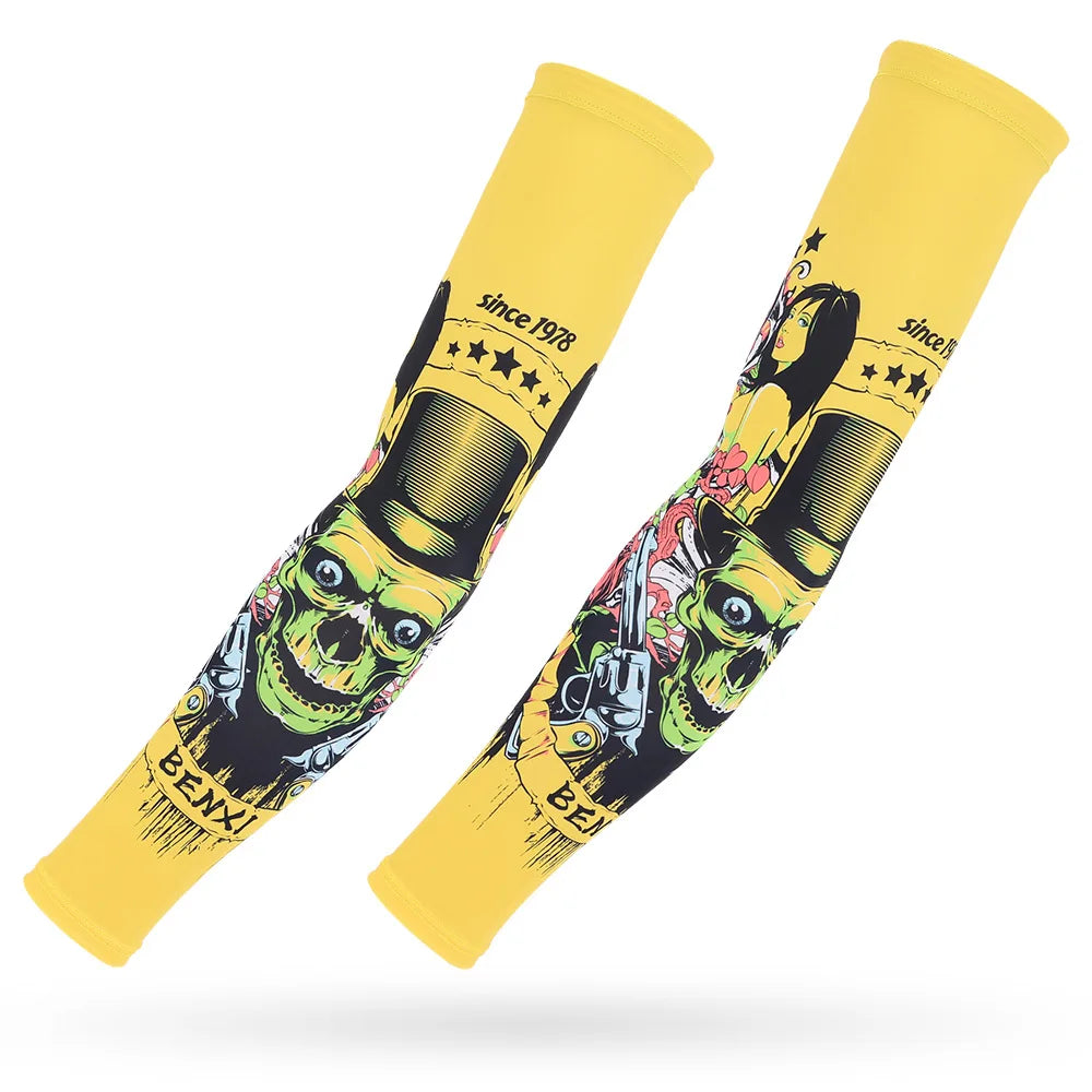 Yellow ice silk arm sleeves featuring a skull design and vintage text.