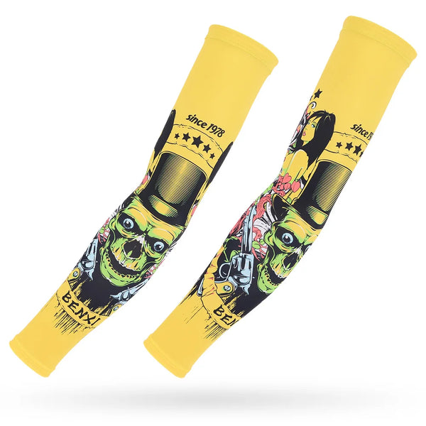 Yellow ice silk arm sleeves featuring a skull design and vintage text.