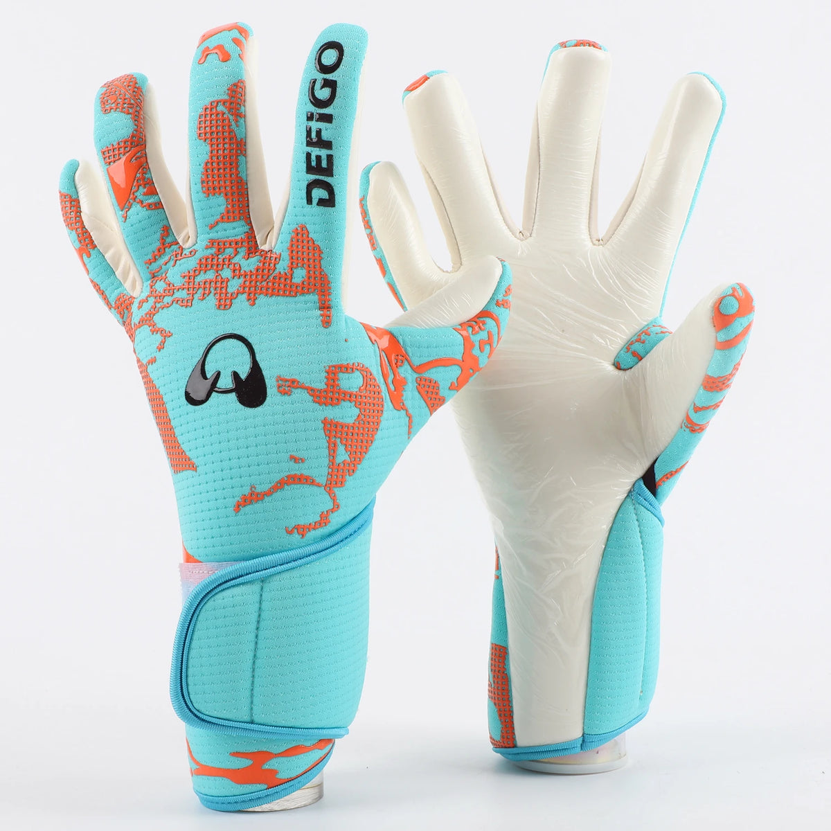 A pair of light blue and white professional football goalkeeper gloves with orange accents.