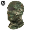 A dark green breathable mesh balaclava face mask with a camouflage pattern and a cutout for the face.