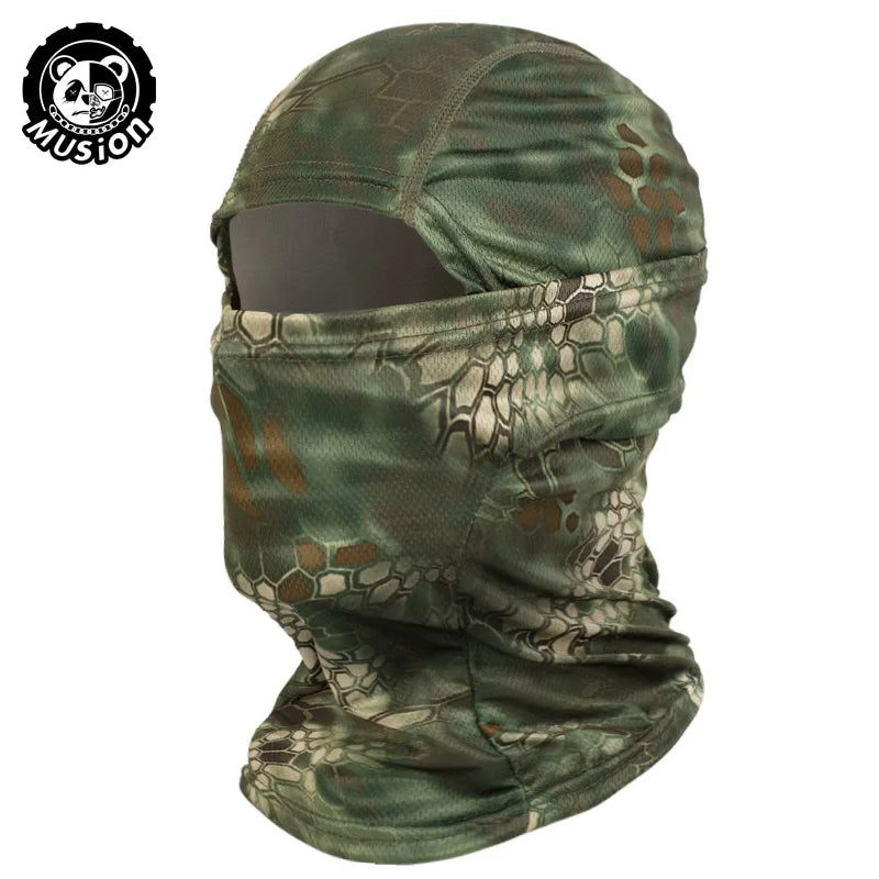 A dark green breathable mesh balaclava face mask with a camouflage pattern and a cutout for the face.